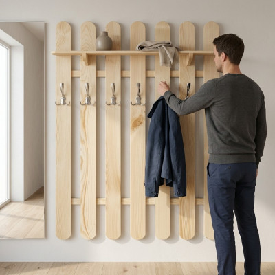 Kledingkast Wandkast met 7 haken, Wandpaneel Gang Echt hout