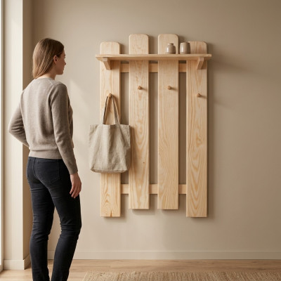 Massief houten kapstokpaneel, massief grenen, aan de muur hangende kapstok, gang van hout, nieuw