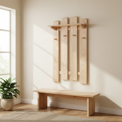 Massief houten kapstokpaneel, massief grenen, aan de muur hangende kapstok, gang van hout, nieuw