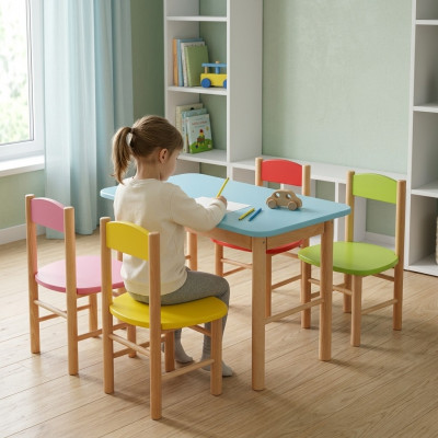 Kinderstoel set kinderkamer zithoek echt hout massief 5-delig Zitgroep Tafel