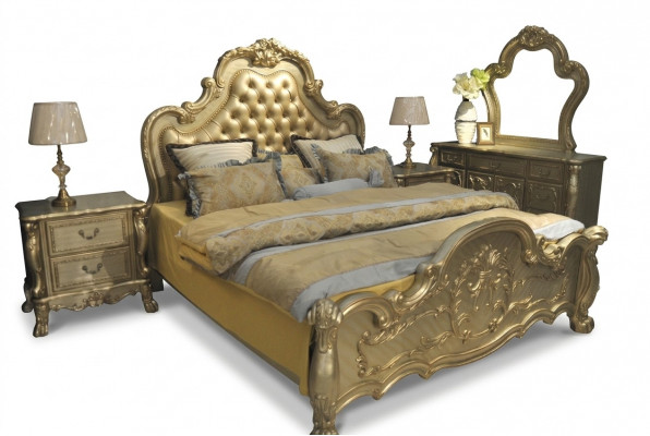 Bed luxe tweepersoons slaapkamer barok houten lederen bedden