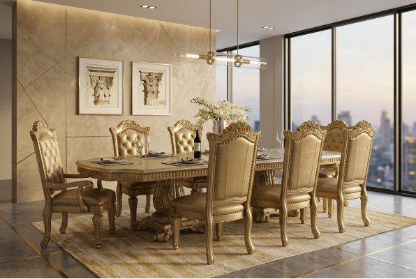 Volledige beige eetkamer omgeving, designer eettafel met stoelen