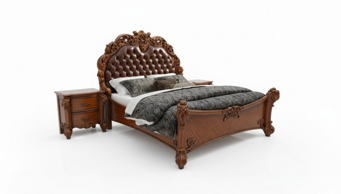 Slaapkamerset Bed + 2x Nachtkastje Chesterfield Hout Leer Bedden Bekleding