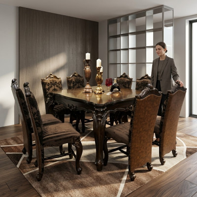 Klassieke tafel Eettafel Houten eetkamerset 8x Stoel Set Stoelen