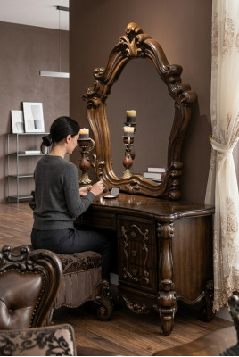 Gesneden barok meubilair kaptafel kruk spiegel slaapkamer commode 3-delige