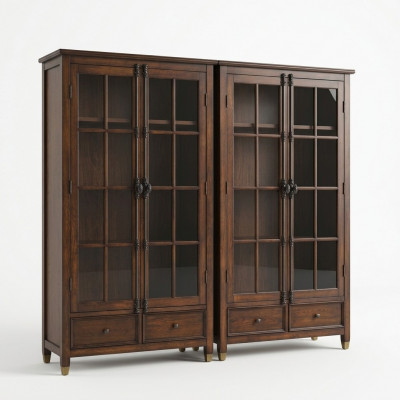 Zet 2x vitrinekasten, vitrines, glazen kast, glazen vitrinekast, hout.