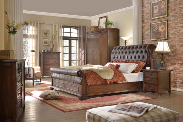 Chesterfield bed van leer met gestoffeerd, tweepersoonsbed van ontwerper 180 x 200cm, barokstijl.