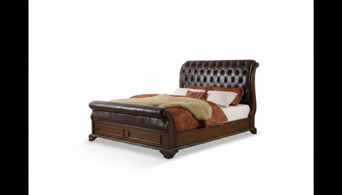 Chesterfield bed van leer met gestoffeerd, tweepersoonsbed van ontwerper 180 x 200cm, barokstijl.