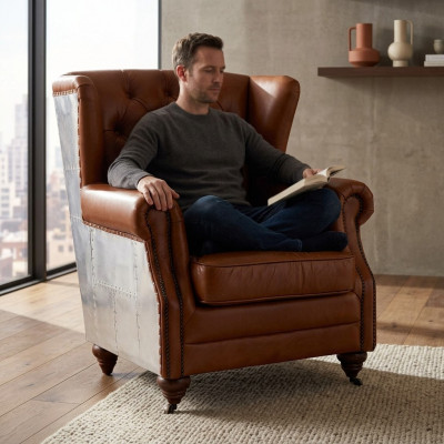 Ohrenfauteuil Echtleder Vintage Cigar Oorfauteuil Tv-fauteuil Leren fauteuil