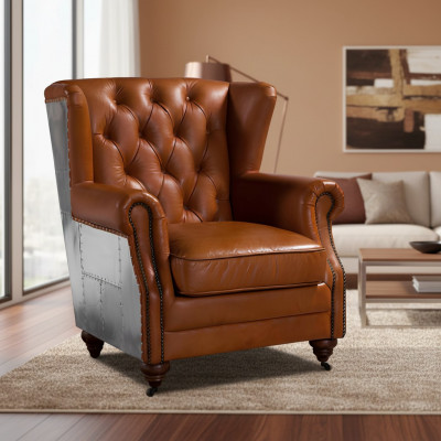 Ohrenfauteuil Echtleder Vintage Cigar Oorfauteuil Tv-fauteuil Leren fauteuil