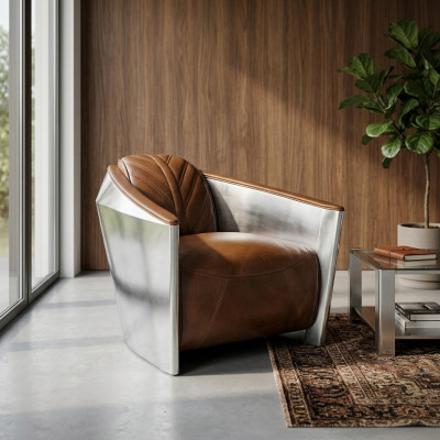 Lederen vliegtuigstoel Aviator stoel Loungestoel Cocktailsstoel vintage