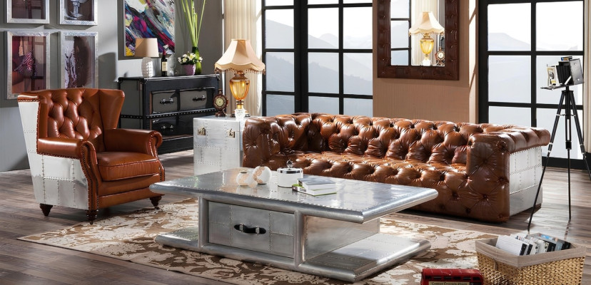 Ledersofa Bankstel 3 zits Vintage Leer Meubels Driezits Bank Aluminium Bankstellen