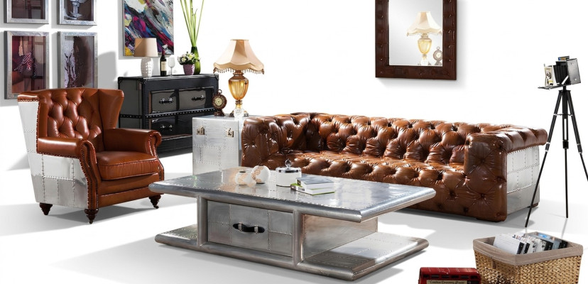 Ledersofa Bankstel 3 zits Vintage Leer Meubels Driezits Bank Aluminium Bankstellen