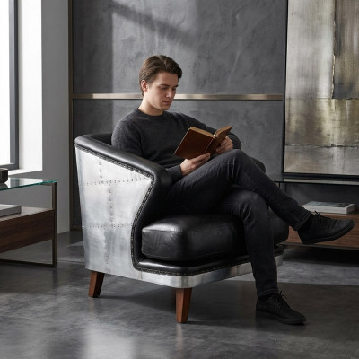 Clubstoel zwart leer leren stoel vintage fauteuil meubilair relax