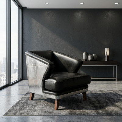 Clubstoel zwart leer leren stoel vintage fauteuil meubilair relax