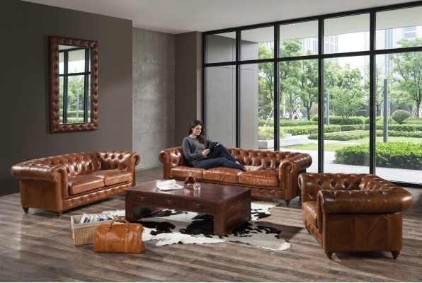 Design Club Lounge 4-zits bank Leren bank Driezitter Vintage Leder Chesterfield