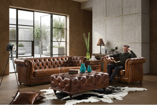 Ontwerp Clubbank 3-zitsbank Leren bank Driepersoons Vintage Leer NIEUW