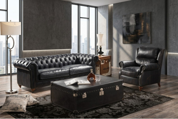 Chesterfield bankstel 3-zits met fauteuil zwart vintage leer meubelstijl 2-delig. Nieuw