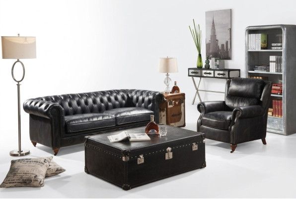 Chesterfield bankstel 3-zits met fauteuil zwart vintage leer meubelstijl 2-delig. Nieuw