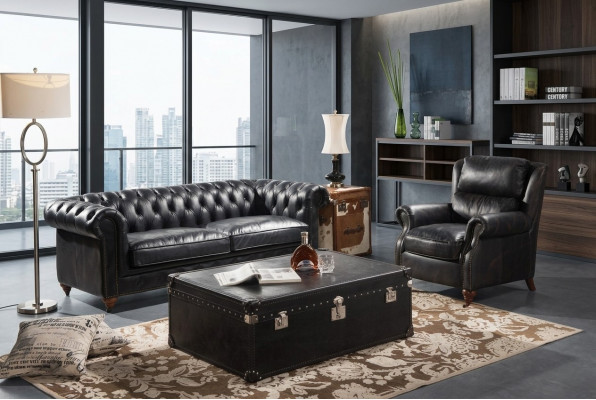 Luxe Chesterfield bankstel 3+1 zits salontafel 4-delige set bankstel leer