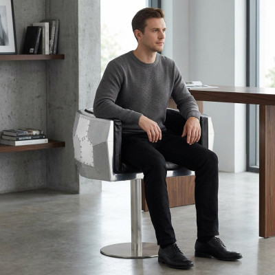 Stoel stoelen leer aluminium design meubels eetkamer fauteuil vliegtuig echt leer