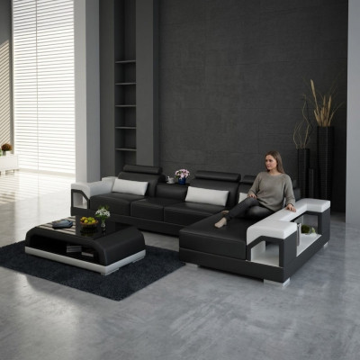 Hoekbank van leer met USB in modern design, L-vormige woonset.