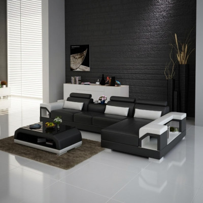 Hoekbank van leer met USB in modern design, L-vormige woonset.