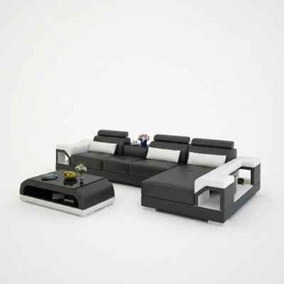 Hoekbank van leer met USB in modern design, L-vormige woonset.