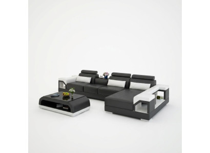 Hoekbank van leer met USB in modern design, L-vormige woonset.