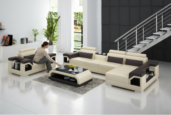 Woonlandschap hoekbank L-vormige fauteuil set in moderne lederen sofa hoek.