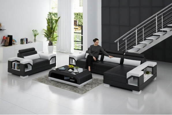 Woonlandschap hoekbank L-vorm fauteuil set suite modern leerbank nieuw.