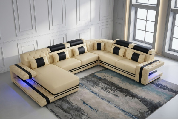 Lederen bekleding zitplaats ontwerp modern hoekbankstel bankstel woonlandschap U-vorm USB LED