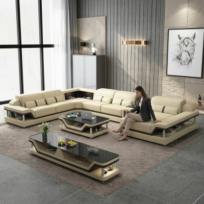 Hoekbank beige met salontafel 2-delige woonkamer lederen bankstel hoekbank tafel