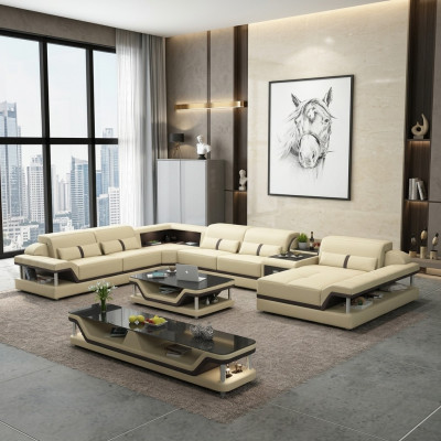 Hoekbank beige met salontafel 2-delige woonkamer lederen bankstel hoekbank tafel