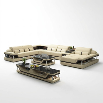 Hoekbank beige met salontafel 2-delige woonkamer lederen bankstel hoekbank tafel