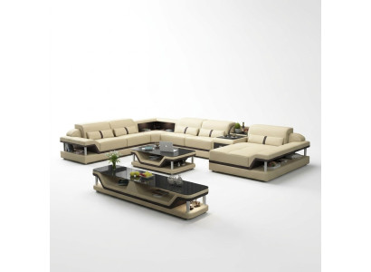 Hoekbank beige met salontafel 2-delige woonkamer lederen bankstel hoekbank tafel
