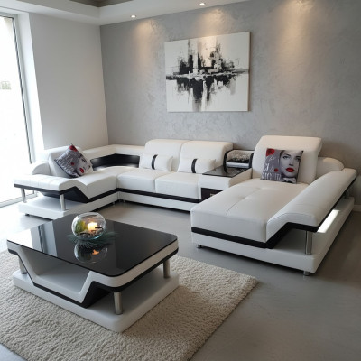 Hoekbank U-vorm Salontafel Beklede meubelset Woongebied Ontwerp Hoekbank Led usb