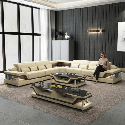 Hoekbank zwart met salontafel 3-delig woonkamer leren bankstel hoekbank tafel