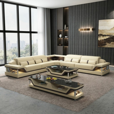 Hoekbank zwart met salontafel 3-delig woonkamer leren bankstel hoekbank tafel