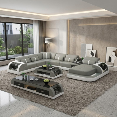 Woonlandschap U-vormige hoekbank salontafel dressoir design woonlandschap 3-delig.
