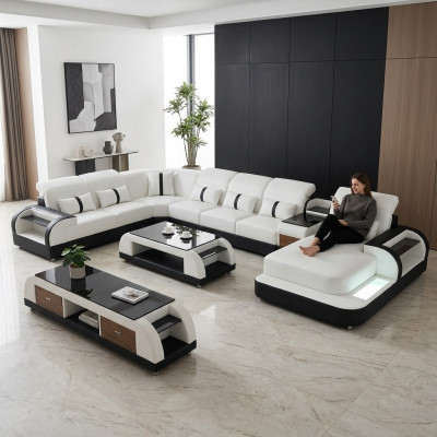 Woonlandschap Bank Beklede Bankstel 3-delig Set Salontafel Dressoir Leer