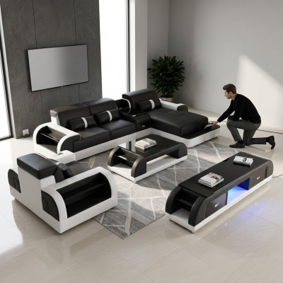 Bank hoekbank leder woonlandschap set ontwerp modern Sof L-vorm salontafel