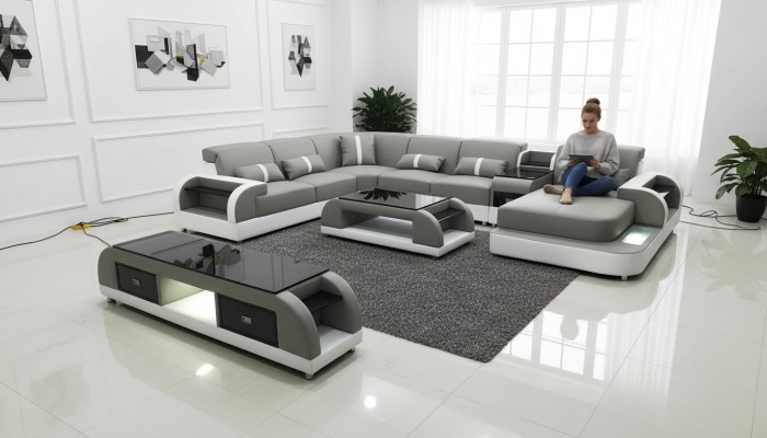 Garnituur Design Woonlandschap Hoekbank Bank U-vorm Salontafel Leer 2-delig