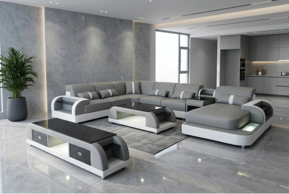Garnituur Design Woonlandschap Hoekbank Bank U-vorm Salontafel Leer 2-delig