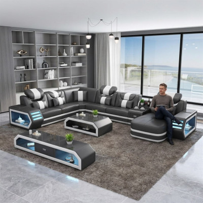 Hoekbank Gestoffeerde Hoekbank U-vormig dressoir salontafel leren bank woonlandschap nieuw