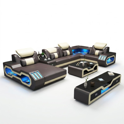 Hoekbank U-vorm salontafel leren bank woonlandschap designbank 2-delig set led usb