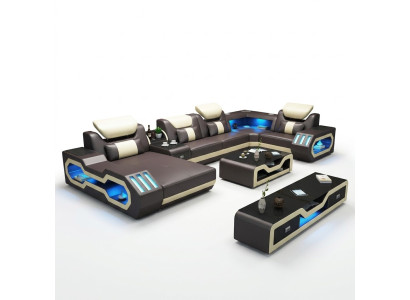 Hoekbank U-vorm salontafel leren bank woonlandschap designbank 2-delig set led usb