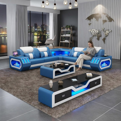 Hoekbank L-vorm Salontafel Bank Bank Ontwerp Bekleding Leer Modern Blauw Tafel Nieuw