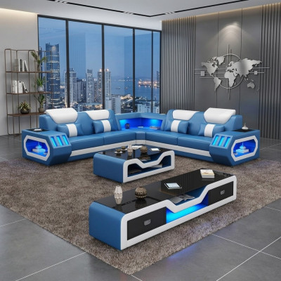 Hoekbank L-vorm Salontafel Bank Bank Ontwerp Bekleding Leer Modern Blauw Tafel Nieuw