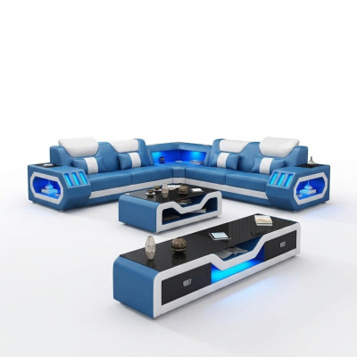 Hoekbank L-vorm Salontafel Bank Bank Ontwerp Bekleding Leer Modern Blauw Tafel Nieuw
